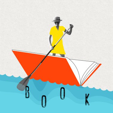 Imagination and inspiration. Contemporary collage with beautiful young woman floats in book on sea of knowledge over light background. Concept of reading, art, studying, hobbies