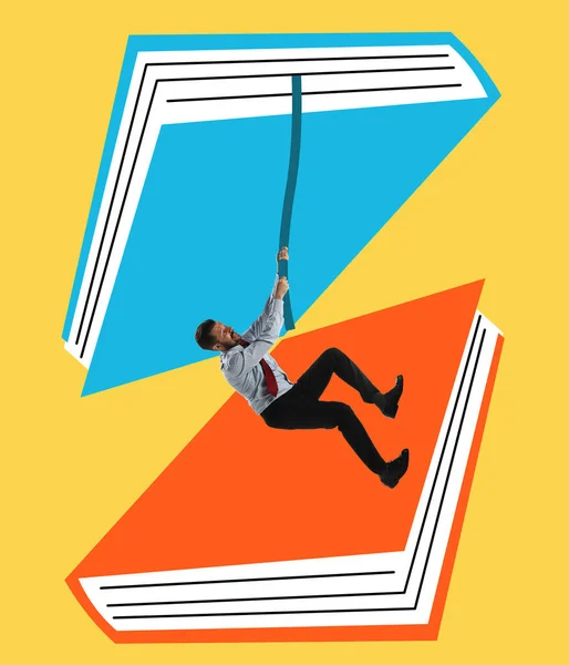 Book Character Journey Young Businessman Climbing Rope One Book Another — Foto de Stock