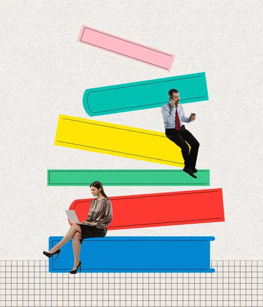 Creative image with man and woman sitting on drawn pile books over light background. Concept of studying, art and education. Psychology of knowledge, broadening ones horizons, frames