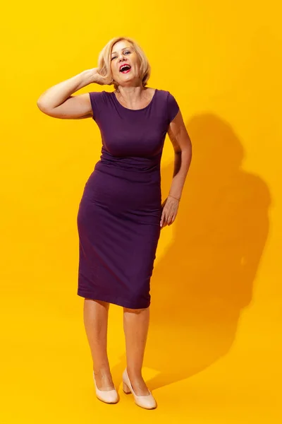 Joy Fun Full Length Portrait Adorable Senior Woman Purple Dress — Zdjęcie stockowe