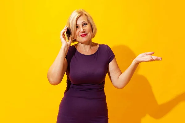 Talking Phone Emotional Senior Woman Purple Dress Using Cellphone Isolated — Foto Stock