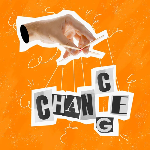 Change or chance. Surreal conceptual poster. Human hand offers to make a choice between two words. Concept of choice, rights, purpose and meaning of life. Aesthetic of hands. Magazine style