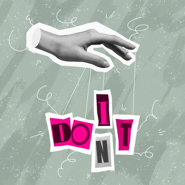 Do it or do not. Surreal conceptual poster. Human hand offers to make a choice between two words. Concept of choice, rights, purpose and meaning of life. Aesthetic of hands. Magazine style