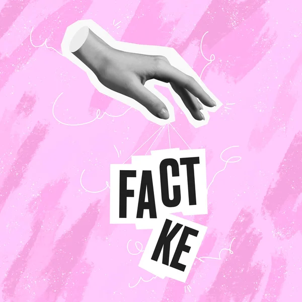 Fake or fact. Surreal conceptual poster. Human hand offers to make a choice between two words. Concept of choice, rights, purpose and meaning of life. Aesthetic of hands. Magazine style