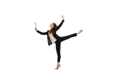 Business strategy. Elegant beautiful female office worker posing isolated over white background. Motivation, psychology, emotions, finance, aspiration, business, job concept.