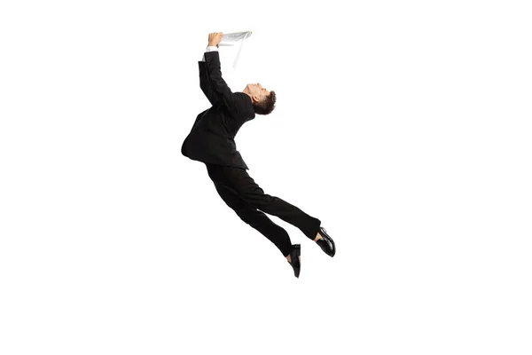 Reading Contract Young Office Worker Business Suit Jumping Papers Isolated — Foto de Stock