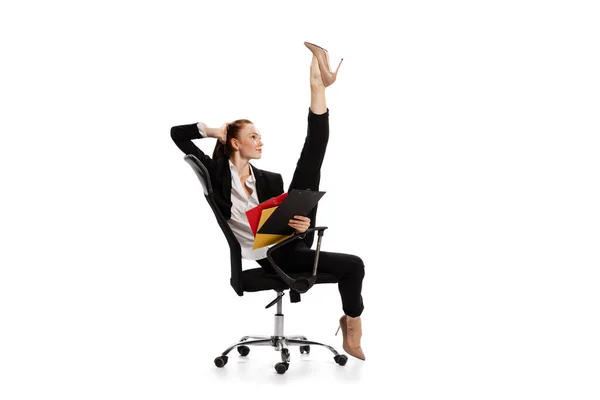 Dreams Portrait Young Woman Business Style Clothes Folder Sitting Chair — Stockfoto