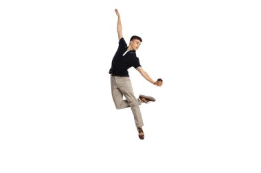 Happy man, young male office worker jumping isolated over white background. Caree, studying, finance, contemp art, business, job concept. copyspace for ad