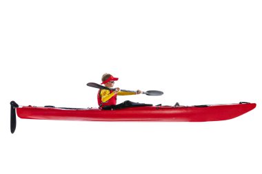 Side view. Beginner kayaker in red canoe, kayak with a life vest and a paddle isolated on white background. Concept of sport, nature, travel, active lifestyle. Copy space for ad, text, design