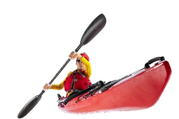 Kids Sport Beginner Kayaker Red Canoe Kayak Life Vest Paddle — 스톡 사진