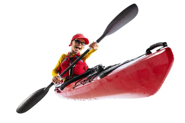 Rowing Beginner Kayaker Red Canoe Kayak Life Vest Paddle Isolated — Stockfoto
