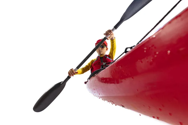 Wide Angle View Beginner Kayaker Red Canoe Kayak Life Vest — 스톡 사진