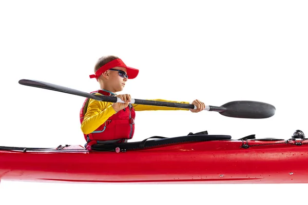 Side View Beginner Kayaker Red Canoe Kayak Life Vest Paddle — Stockfoto