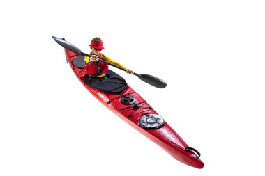 Beginner kayaker in red canoe, kayak with a life vest and a paddle isolated on white background. Concept of sport, nature, travel, active lifestyle. Copy space for ad, text, design