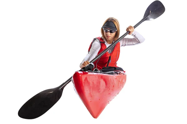 Closeup Young Woman Sportsman Red Canoe Kayak Life Vest Paddle — Stockfoto