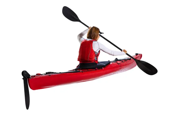 Rear View Young Woman Sportsman Red Canoe Kayak Life Vest — Stockfoto