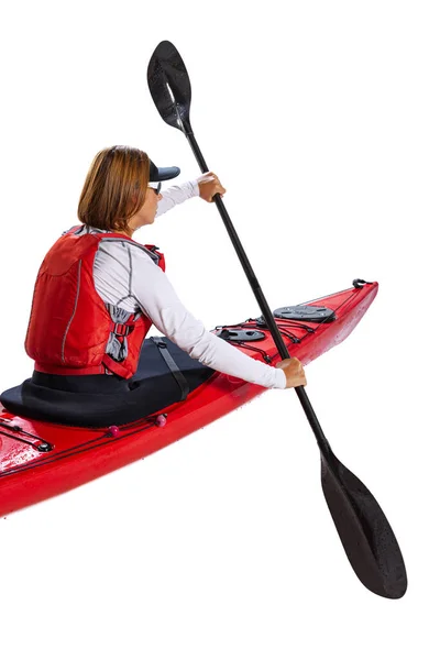 Back View Young Woman Sportsman Red Canoe Kayak Life Vest — Stockfoto