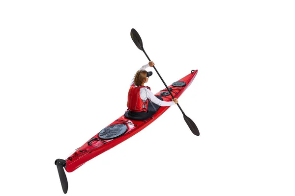 Aerial View Young Woman Red Canoe Kayak Life Vest Paddle — Zdjęcie stockowe