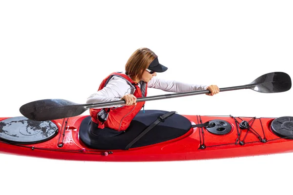 Water Sport Activities Young Woman Sportsman Red Canoe Kayak Life — Stockfoto