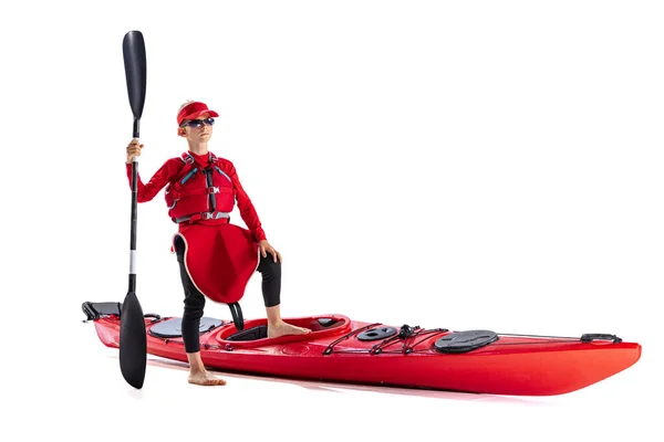 Little Sportsman Beginner Kayaker Red Canoe Kayak Life Vest Paddle — Stok fotoğraf
