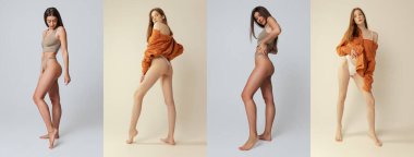 Graceful and sensual models. Full-length portraits of young slim women in underwear posing isolated pastel color background. Concept of beauty, body and skin care, health, fitness, cosmetics, ad