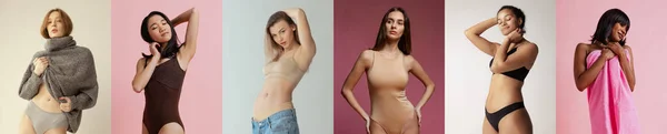 Colagem Retratos Jovens Belas Mulheres Diferentes Posando Isolado Sobre Fundo — Fotografia de Stock