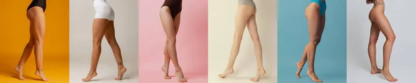 Стройные Спортивные Короткие Длинные Женские Ноги Изолированы Многоцветном Фоне Коллаж — стоковое фото