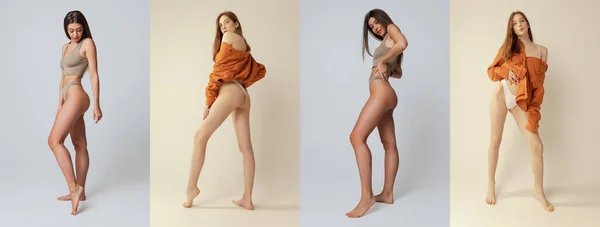 Graceful Sensual Models Full Length Portraits Young Slim Women Underwear — Stock Fotó
