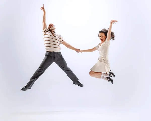 Jumping Astonished Young Dancing Man Woman Dance Sport Dances Isolated — Photo