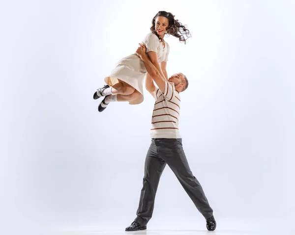 Jumping Astonished Young Dancing Man Woman Dance Sport Dances Isolated — Stok fotoğraf
