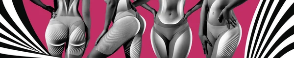 Collage Cropped Images Slim Female Bodies Lifting Lines Colored Background — 图库照片