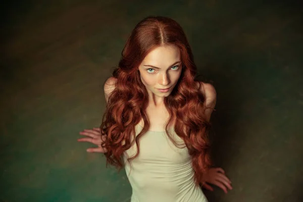 Adorable Tender Redhead Girl Long Curly Hair Isolated Dark Green — ストック写真