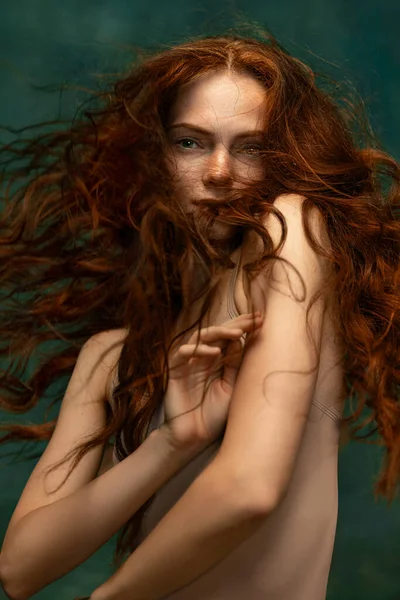Portrait Sensual Beautiful Redhead Girl Long Curly Hair Posing Isolated — Stock Photo, Image