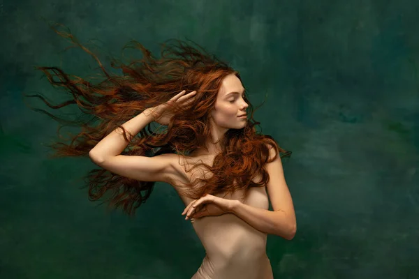 Adorable Tender Redhead Girl Long Curly Hair Isolated Dark Green — Zdjęcie stockowe