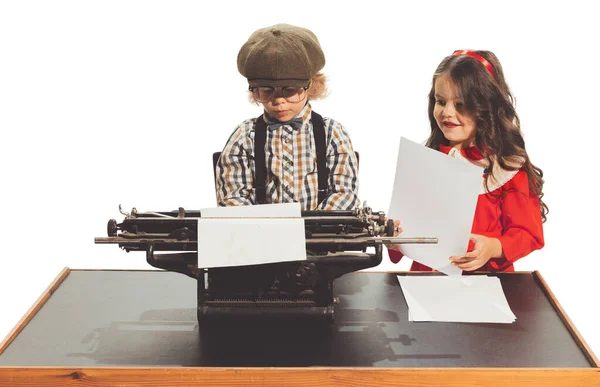 Writer Cute Happy Kid Isolated White Studio Background Retro Vintage — Stock Photo, Image