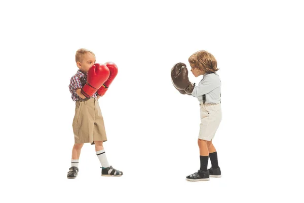 Funny Kids Huge Boxing Gloves Boxing Together Isolated White Studio — Stockfoto