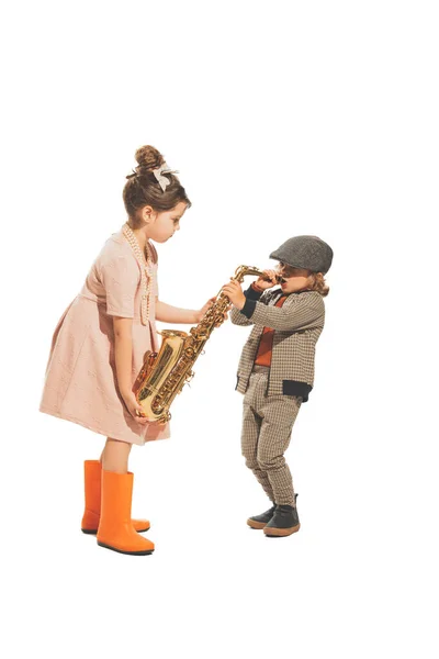 Music Cute Happy Kids Playing Saxophone Isolated White Studio Background — 스톡 사진