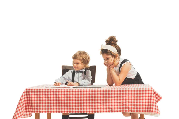 Dinner Conversation Creative Composition Two Little Kids Boy Girl Retro — Stock Photo, Image