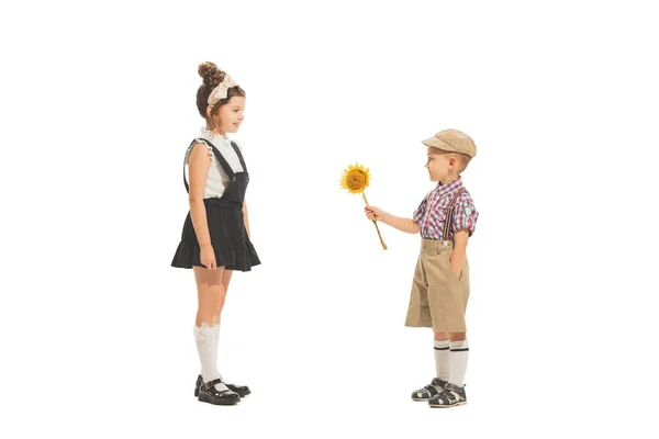 Acquaintance Portrait Little Boy Girl Charming Kids Retro Style Outfit —  Fotos de Stock