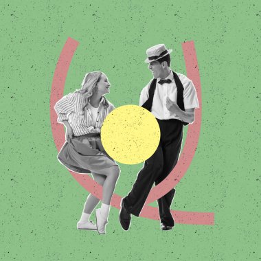 Jive. Cheerful, stylish, young couple dancing isolated on abstract colored background with geometric shapes, lines. Disco party. Concept of creativity, retro style, party, fun. Poster