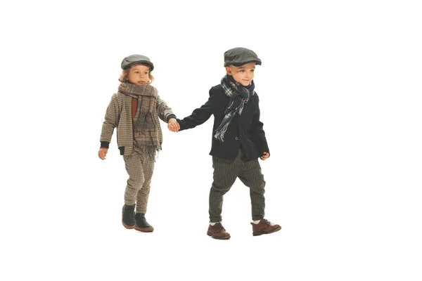 Friends Two Preschool Age Boys Fashionable Kids Wearing Autumn Retro — Fotografia de Stock