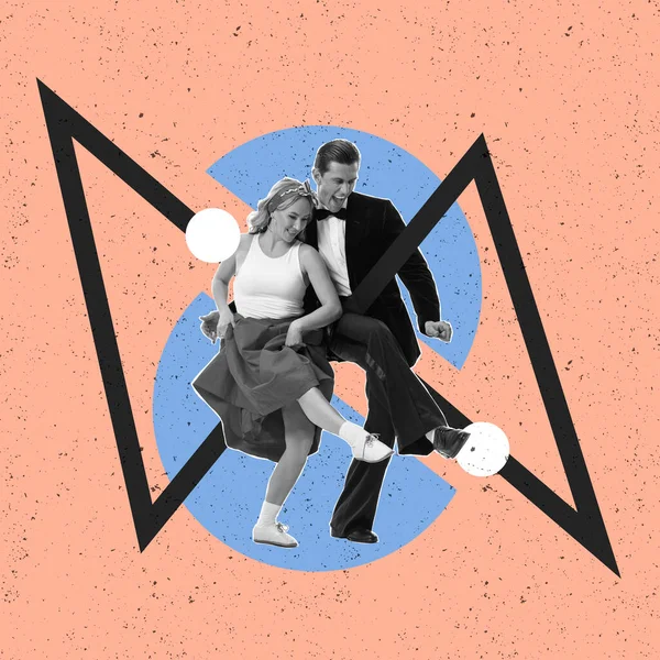 Lindy Hop Cheerful Stylish Young Couple Dancing Isolated Abstract Colored — Foto de Stock