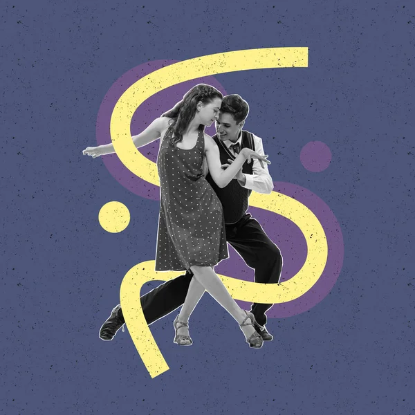 Romantic Stylish Young Couple Dancing Isolated Abstract Colored Background Geometric —  Fotos de Stock