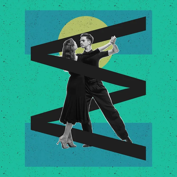 Tango, dance of passion. Emotional young couple dancing isolated on abstract colored background with geometric shapes, lines. Ballroom dance. Concept of creativity, retro style, party, fun. Poster