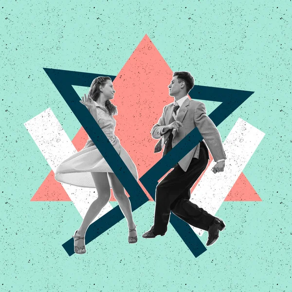 Rock Roll Cheerful Stylish Young Couple Dancing Isolated Abstract Colored —  Fotos de Stock