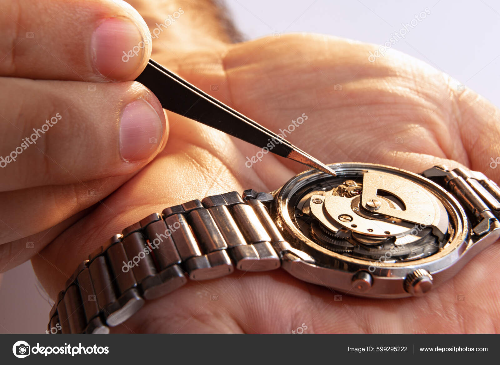 Watchmakers Job Closeup Male Hands Repairing Mechanical Watches