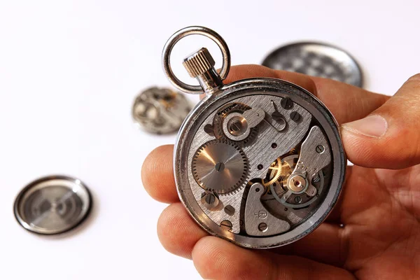 Restoration Repair Closeup Watchmakers Hands Repairing Mechanical Watches Isolated White — Zdjęcie stockowe