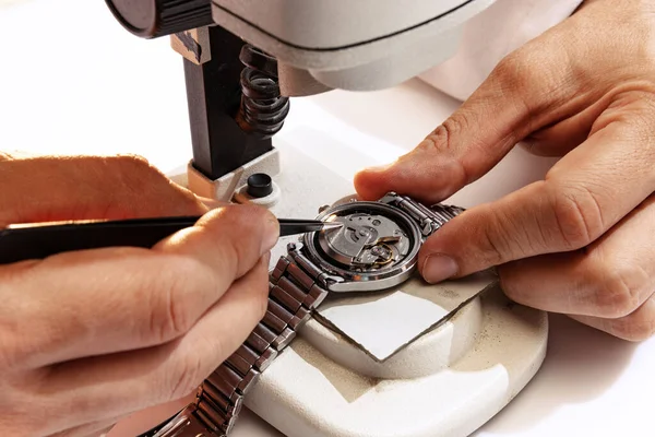 Restoration Repair Closeup Watchmakers Hands Repairing Mechanical Watches Isolated White — 스톡 사진