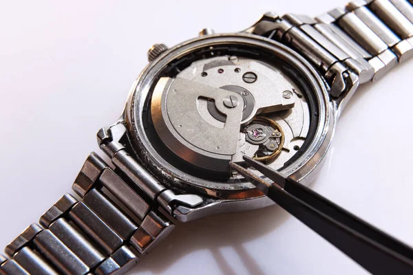 Restoration Repair Closeup Watchmakers Hands Repairing Mechanical Watches Isolated White — Foto de Stock