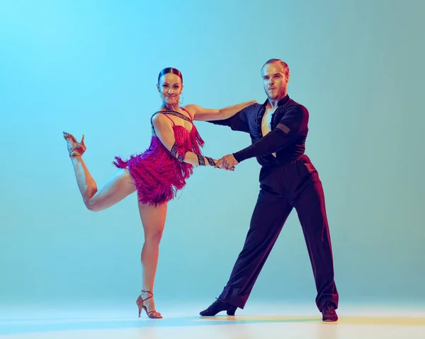 Paso Doble Studio Shot Young Couple Professional Dancers Dancing Ballroom — Fotografia de Stock